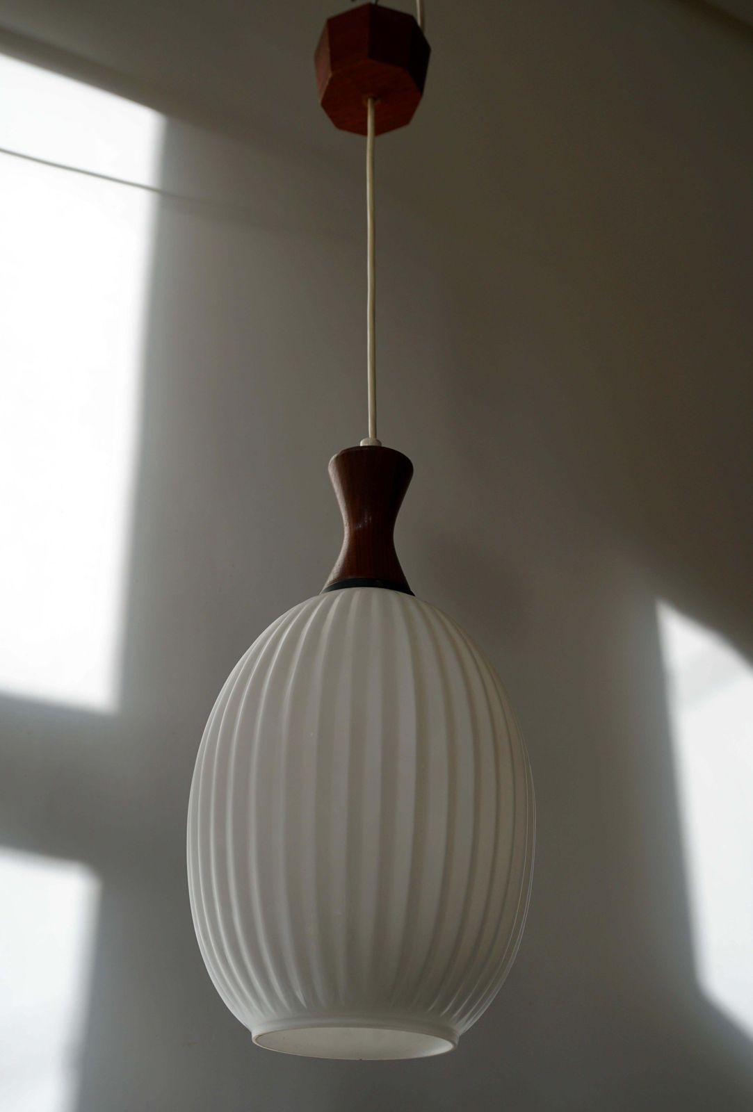 photo for sale Midcentury Danish Glass And Wood Chandelier Or Pendant Light