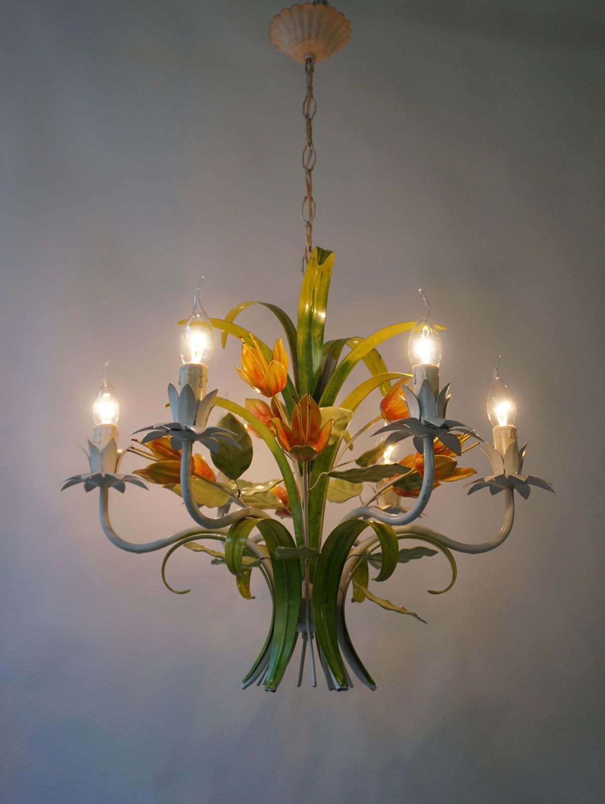 1960s Bright Boho Chic Italian Tole Painted Metal Chandelier With Floral Decor photo furniture