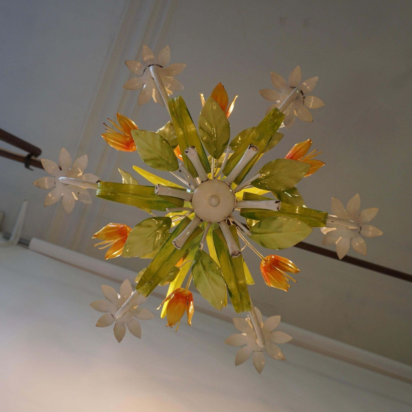 1960s Bright Boho Chic Italian Tole Painted Metal Chandelier With Floral Decor photo buy