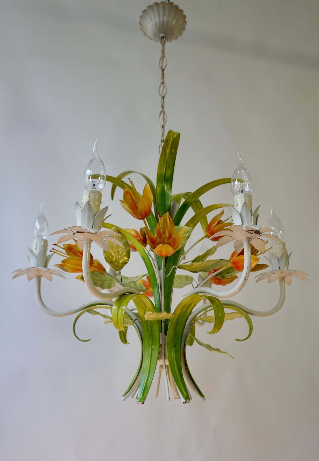 1960s Bright Boho Chic Italian Tole Painted Metal Chandelier With Floral Decor photo vintage