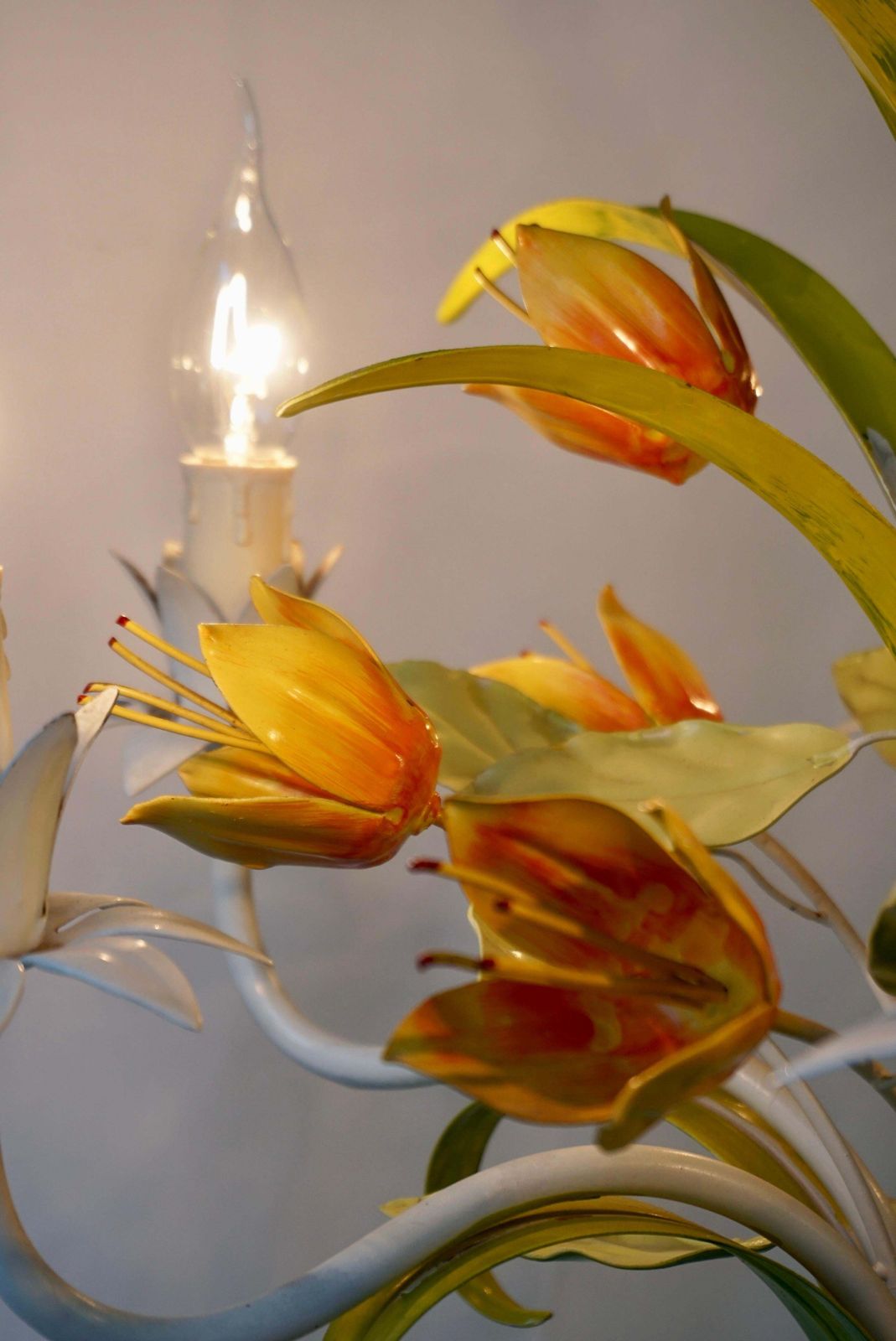 photo buy 1960s Bright Boho Chic Italian Tole Painted Metal Chandelier With Floral Decor