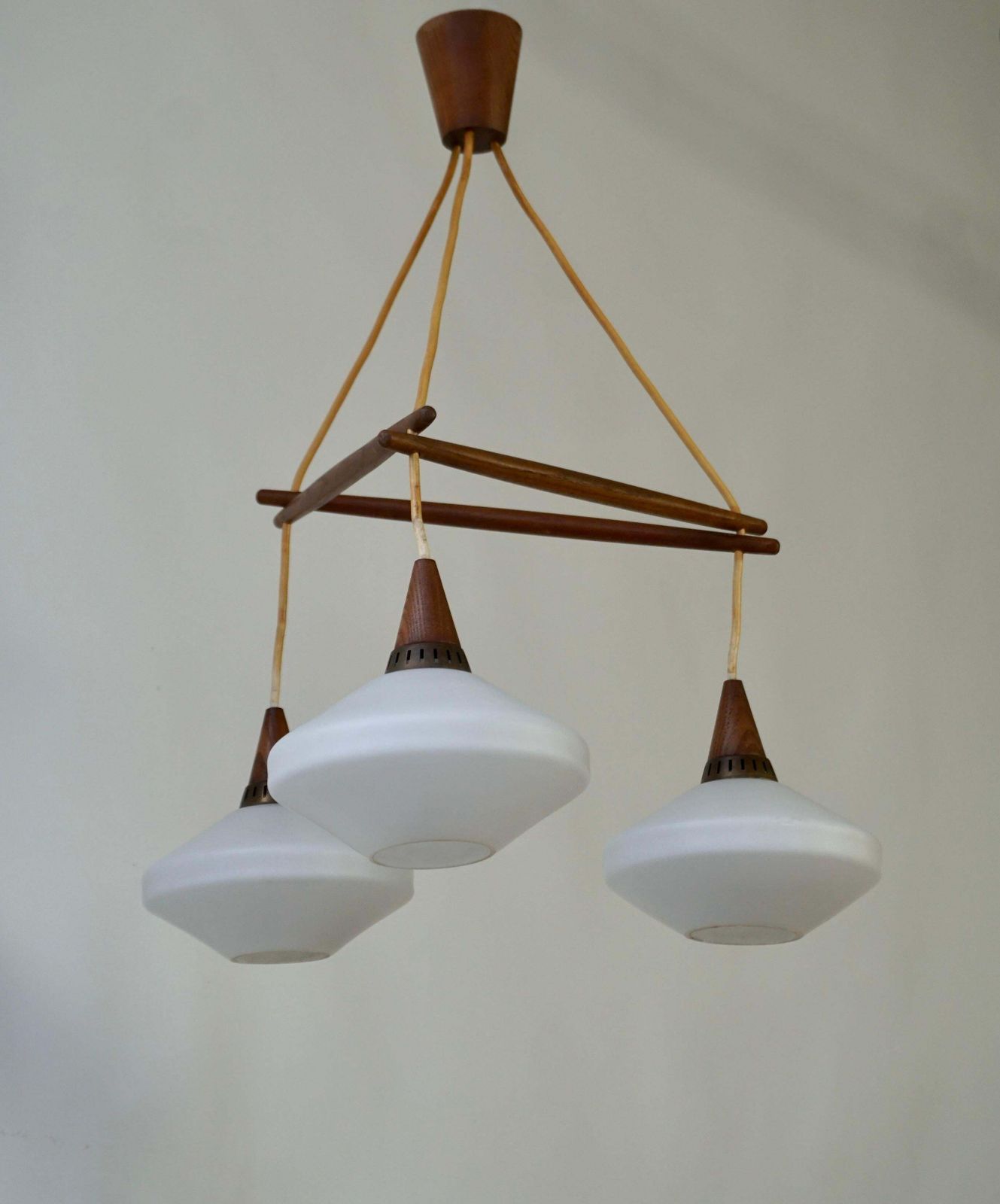 Stunning & Stylish & Rare Mid Century Modern 3 Light Glass & Teakwood Chandelier photo furniture