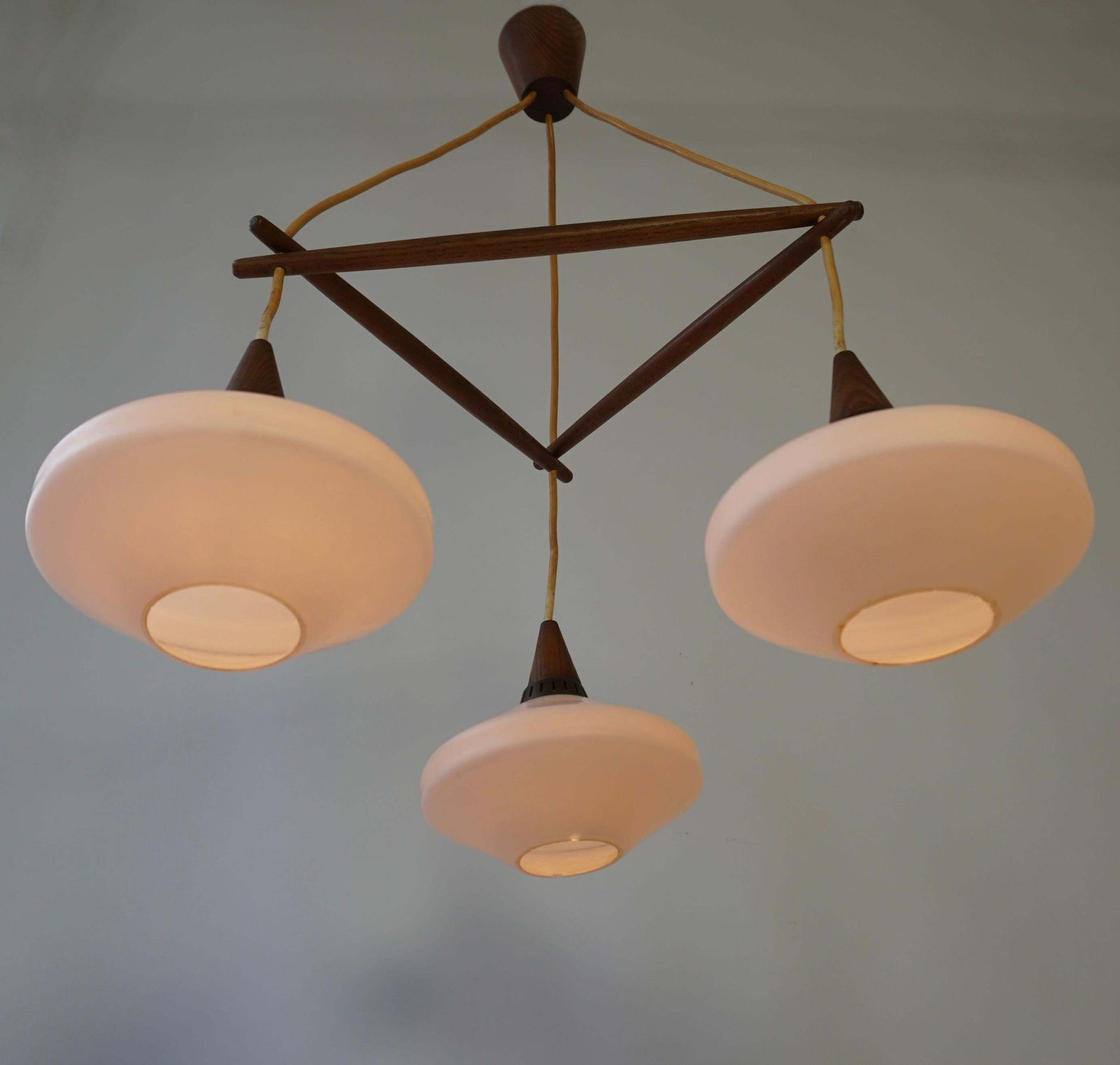 Stunning & Stylish & Rare Mid Century Modern 3 Light Glass & Teakwood Chandelier photo 1189.0