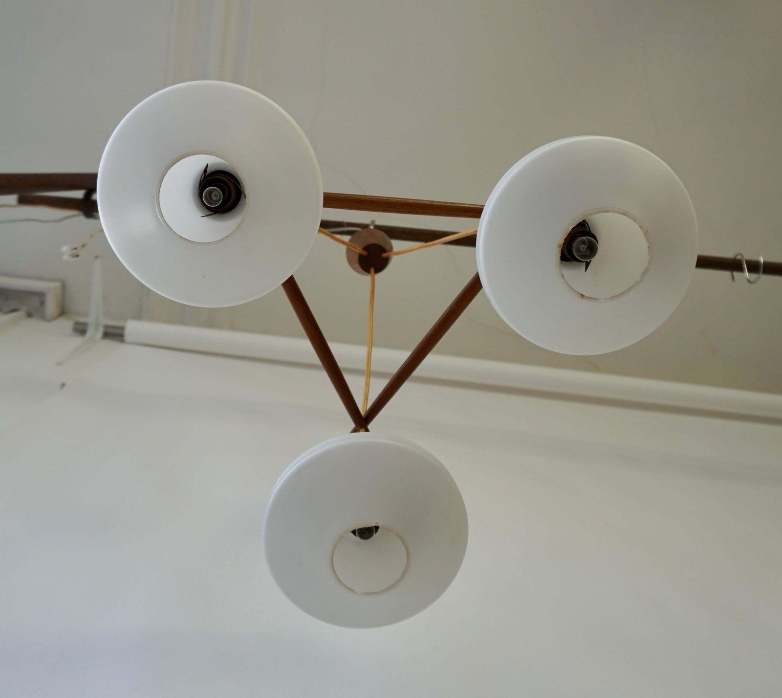 Stunning & Stylish & Rare Mid Century Modern 3 Light Glass & Teakwood Chandelier photo vintage