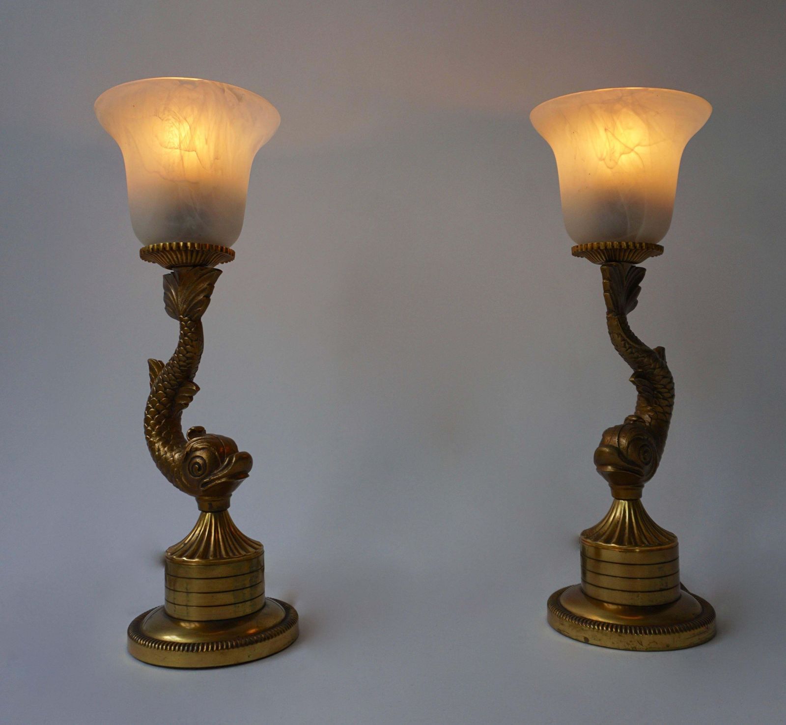 Pair Of 1970s Sculptural Brass And Glass Koi Fish Lamps photo furniture