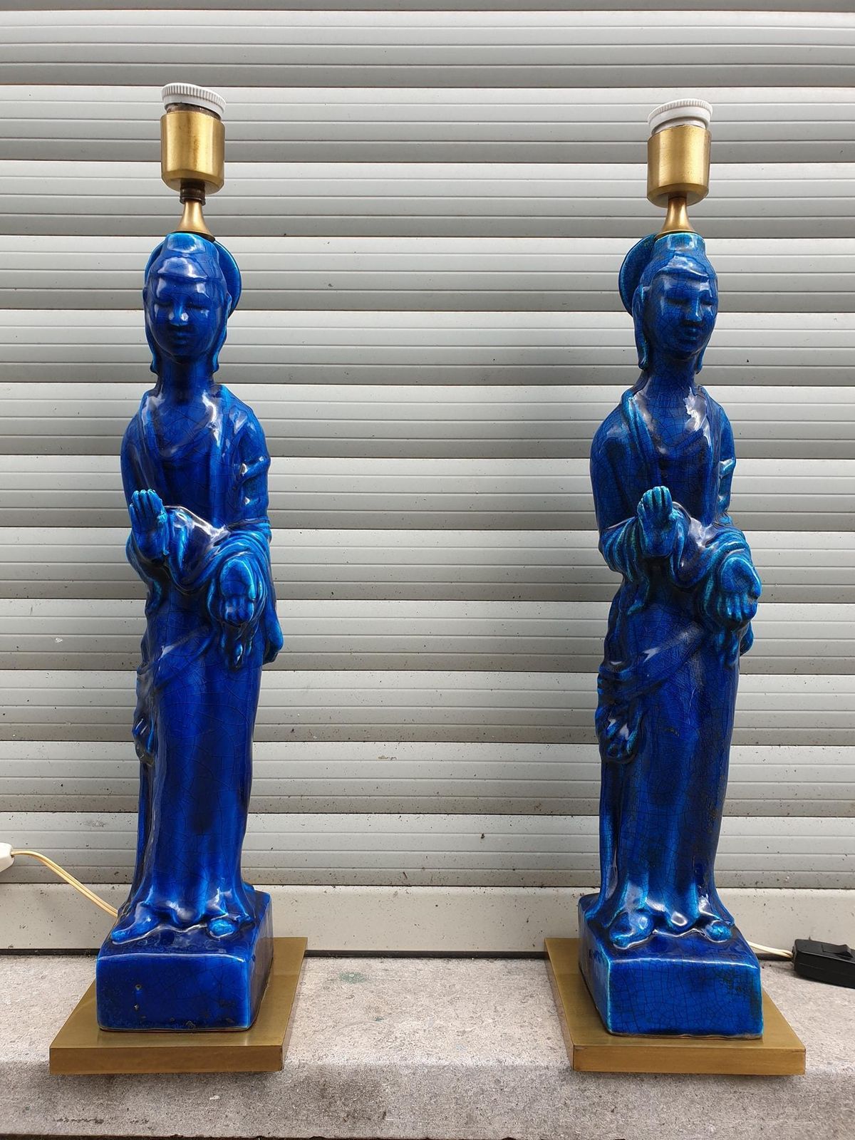 Pair Of Hollywood Regency Standing Buddha Ceramic Table Lamps By Ugo Zaccagnini photo furniture