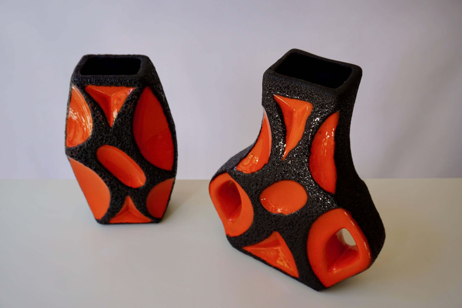 Two West German Roth Keramik Art Pottery 'Fat Lava' Guitar Vase photo vinterior