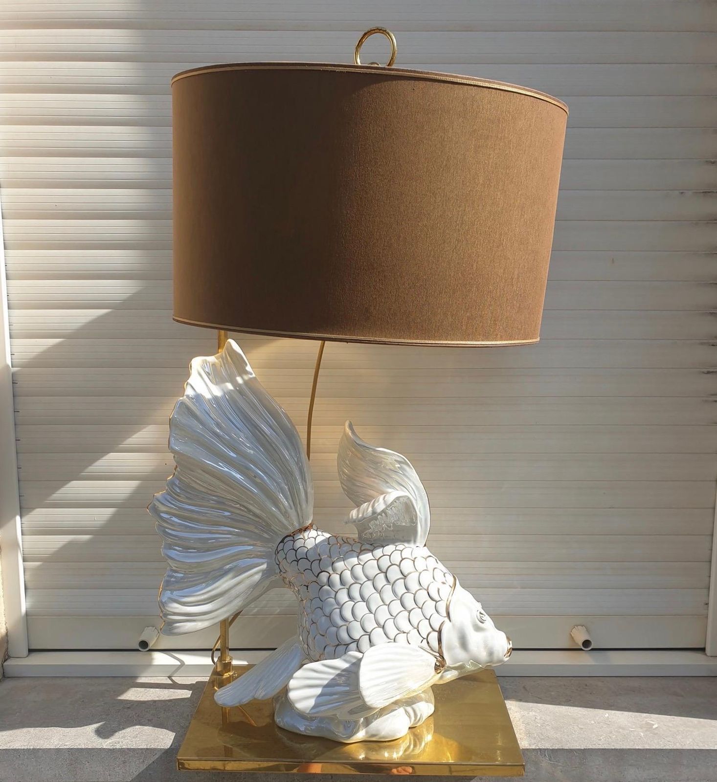 Lighting Italian Midcentury Big Ceramic Fish Lamp With Brass Details, 1970s photo