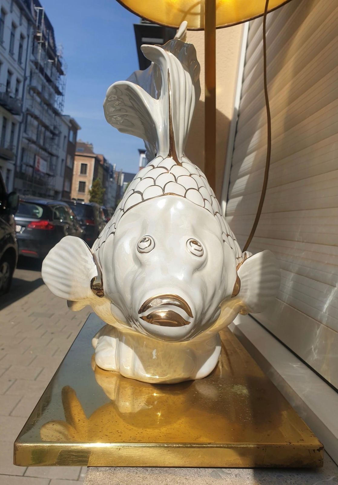 photo buy Italian Midcentury Big Ceramic Fish Lamp With Brass Details, 1970s