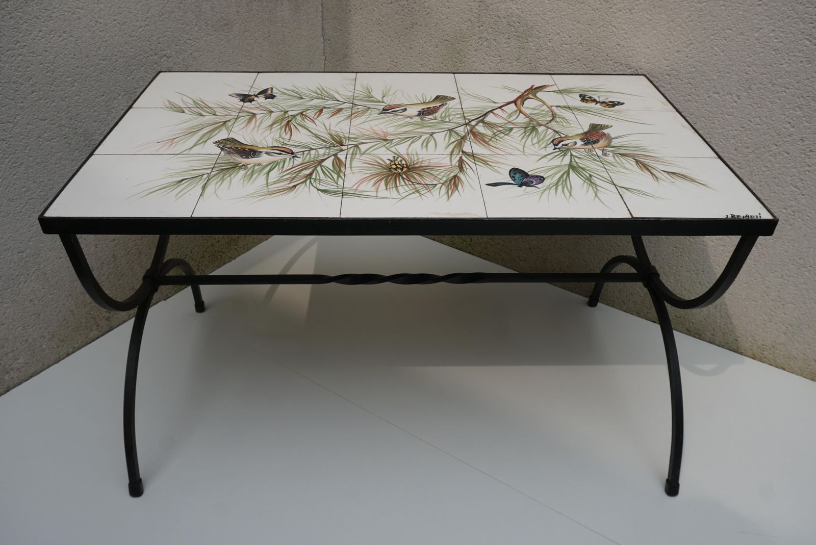 Belarti Ceramic Tile Side Coffee Table With Birds And Butterflies, 1960s photo Furniture