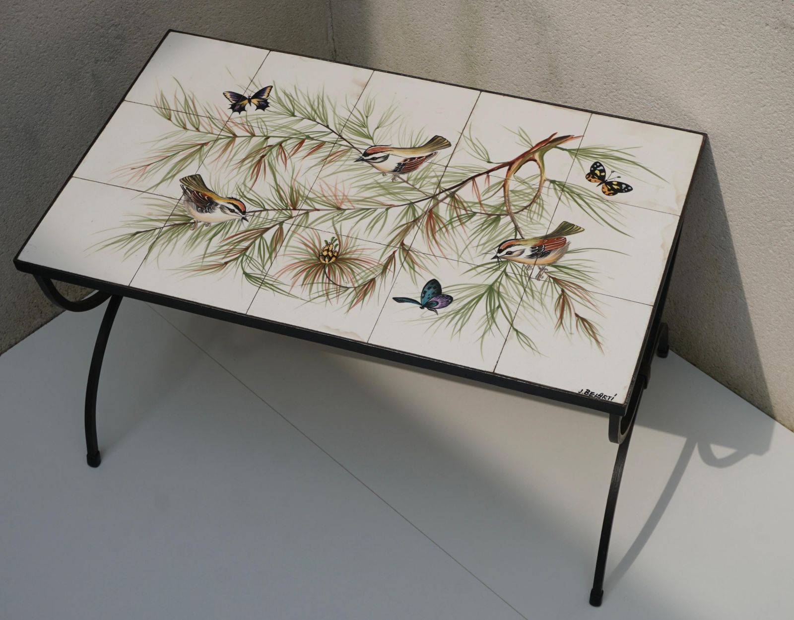 photo for sale Belarti Ceramic Tile Side Coffee Table With Birds And Butterflies, 1960s