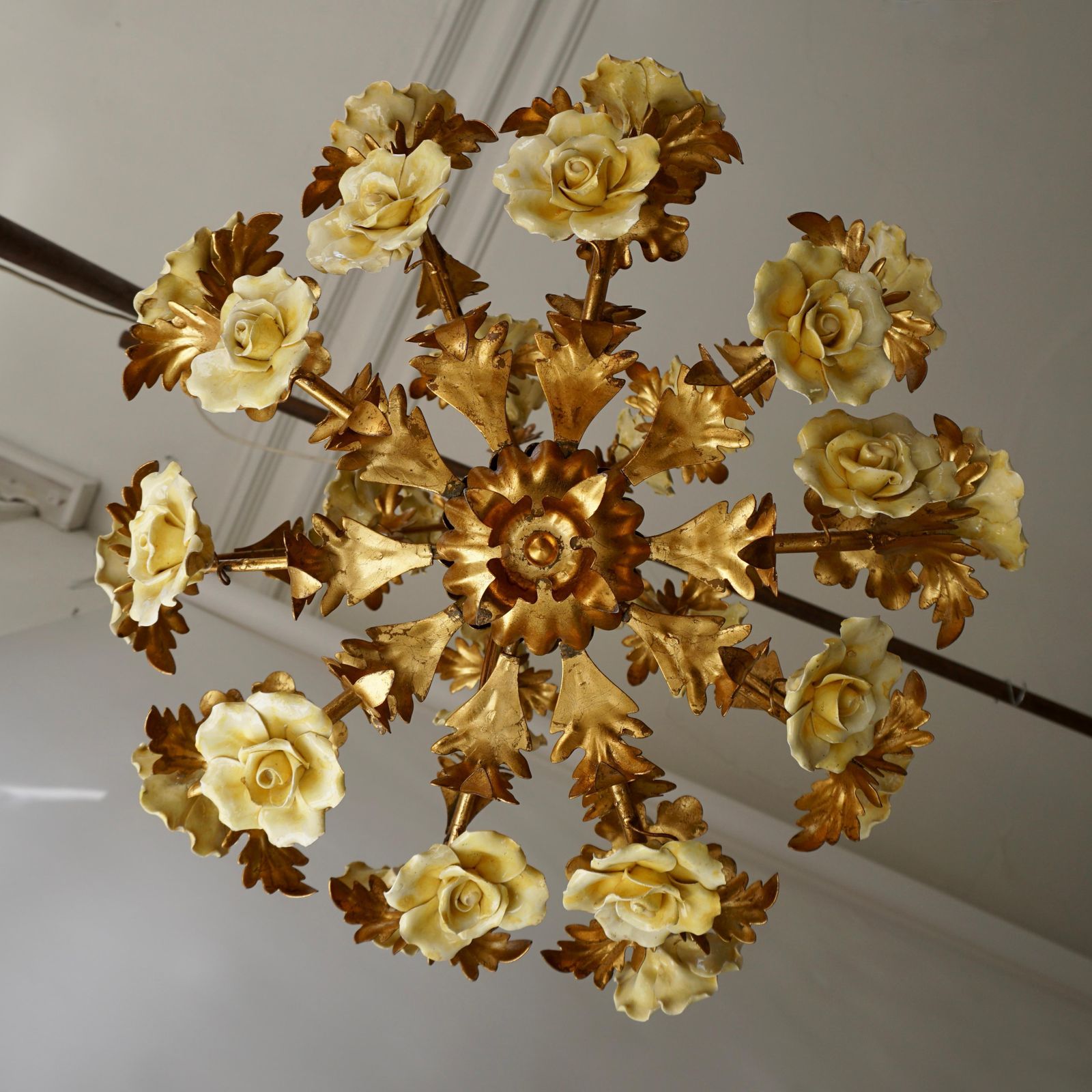 Italian Brass Tole Chandelier With Yellow Porcelain Flowers photo for sale