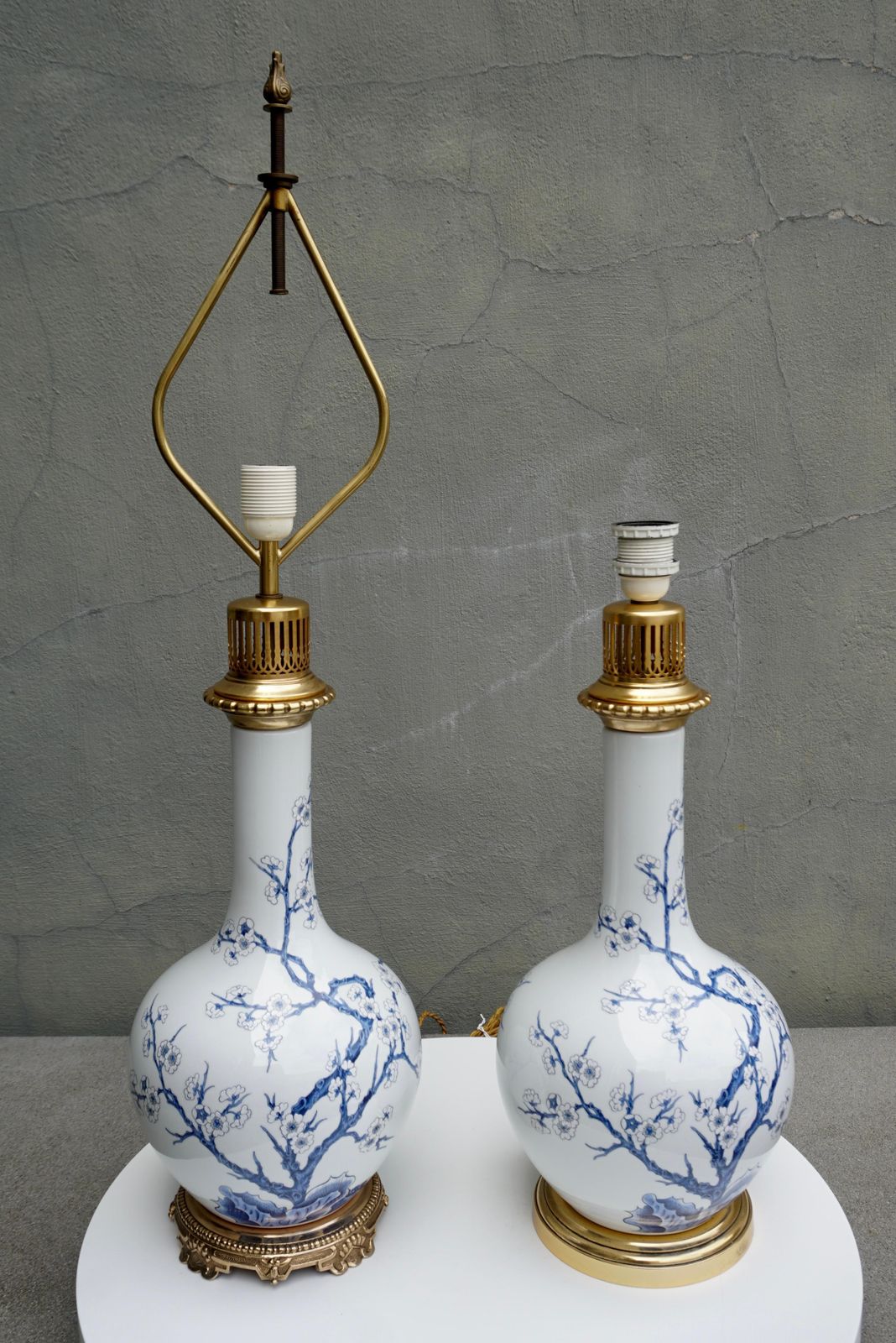 One Of Two Porcelain Paris Blue And White Flower Table Lamps photo Lighting