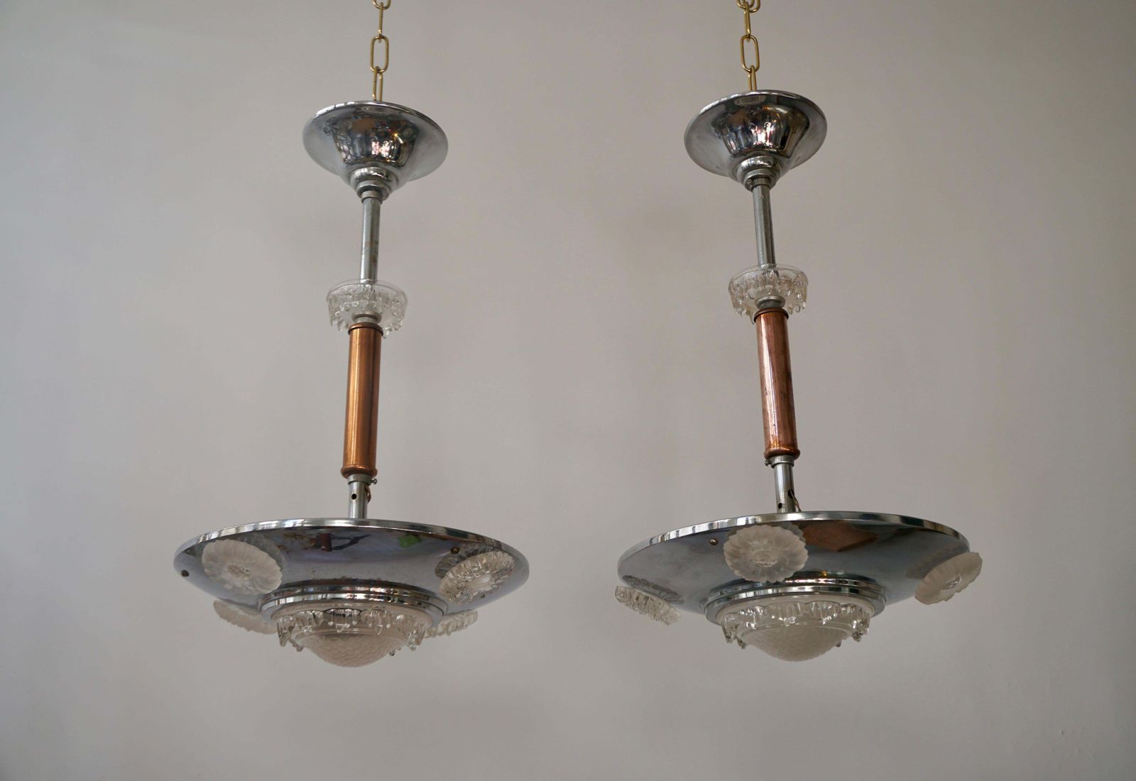 Pair Of 1930s Chrome And Glass Art Deco Chandeliers photo for sale