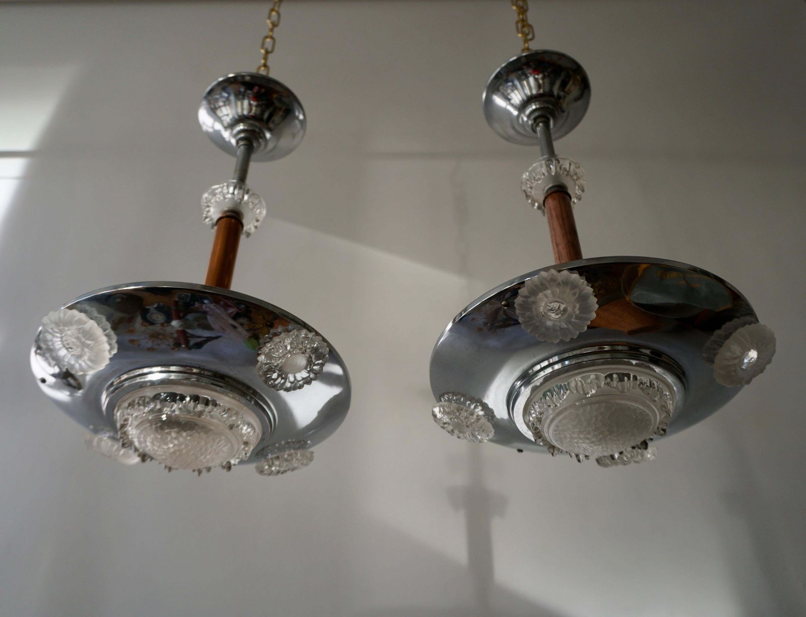 Pair Of 1930s Chrome And Glass Art Deco Chandeliers photo vinterior