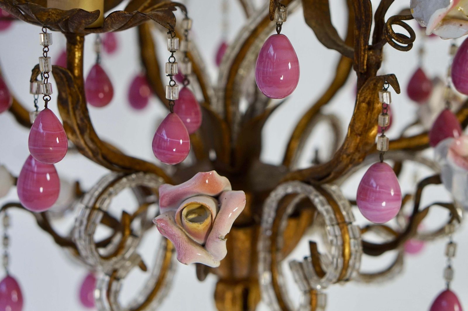 Brass And Ceramic Drop Chandelier With Porcelain Flowers, Italy photo 1319.0