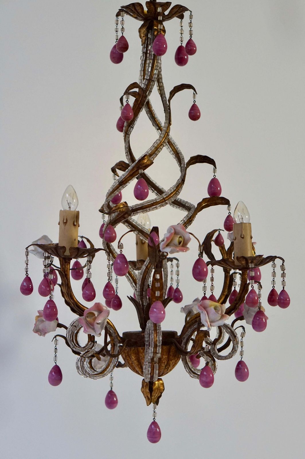 Brass And Ceramic Drop Chandelier With Porcelain Flowers, Italy photo vinterior