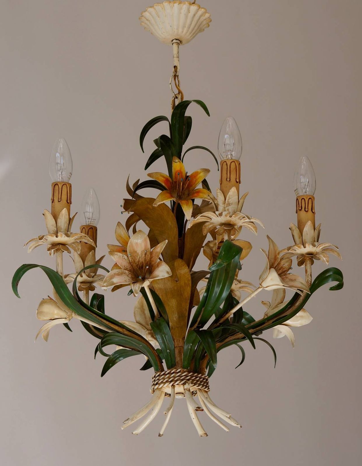 One Of Two Italian Tole Flowers Polychrome Chandeliers photo furniture