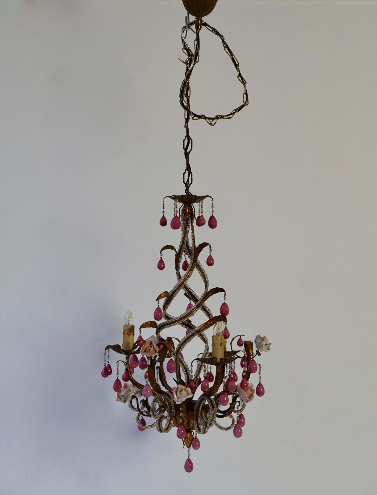 Lighting Brass And Ceramic Drop Chandelier With Porcelain Flowers, Italy photo
