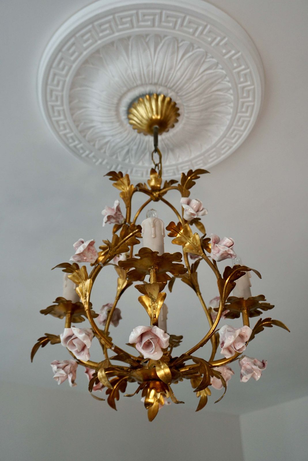 Five Italian Chandelier With Porcelain Flower Roses photo furniture
