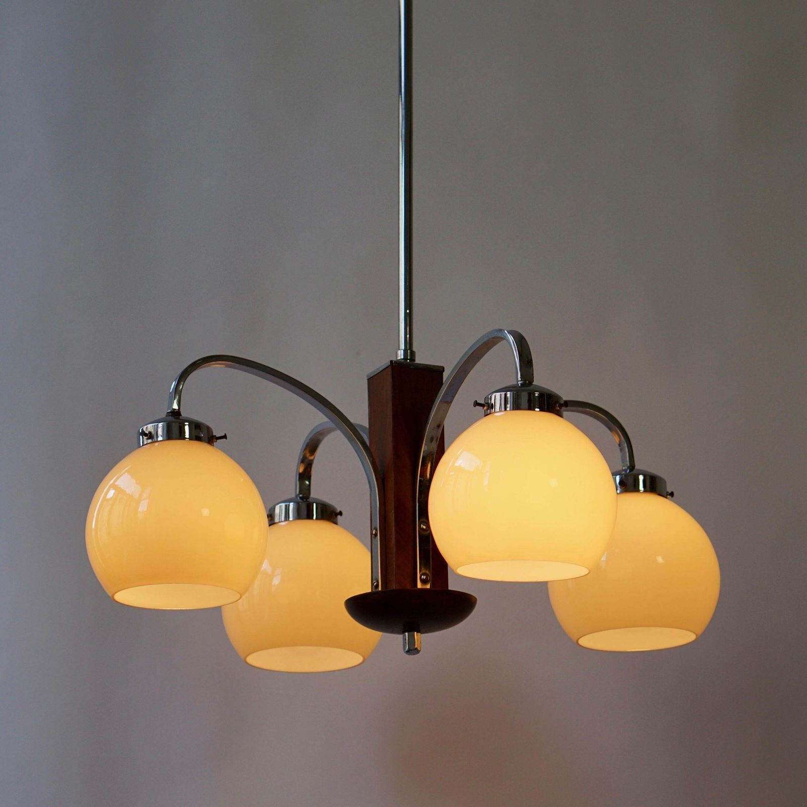 Art Deco Chandelier In Glass And Wood photo for sale