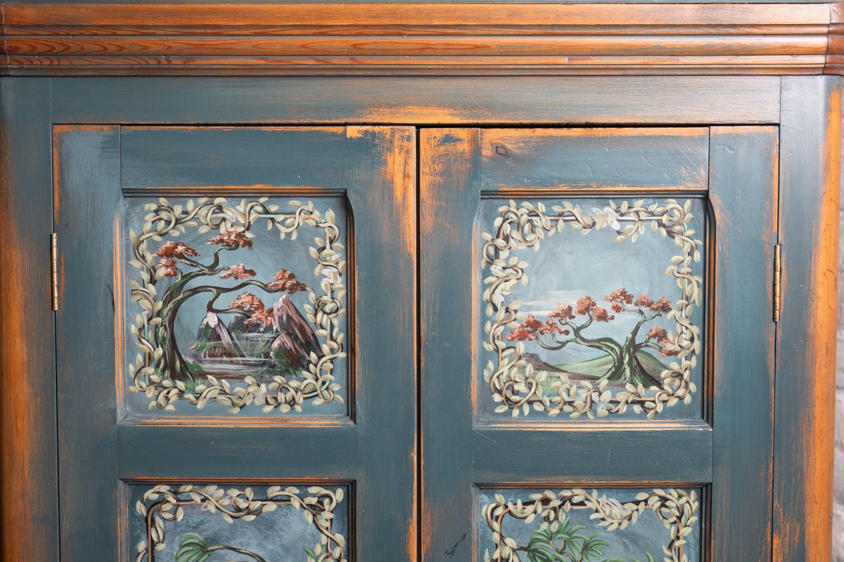 1150.0 19th Century Pine Cupboard/Armoire/Pantry With Shelves Hand Painted, Completely One Off! photo