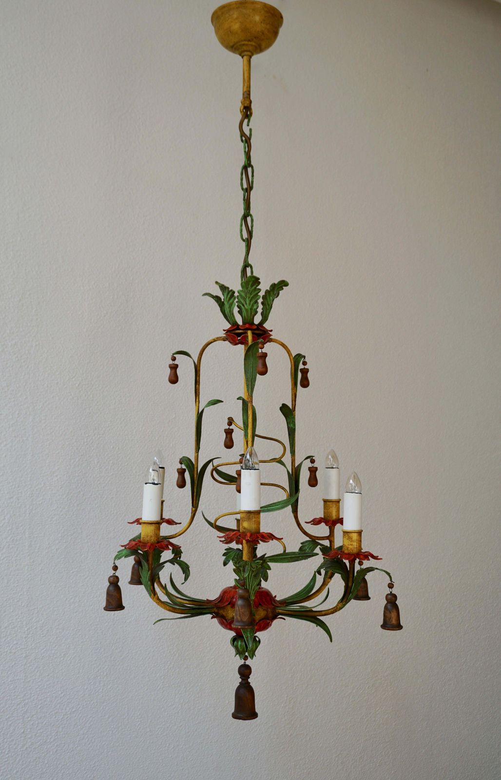 Rare Colorful Painted Tole Chandelier photo vintage