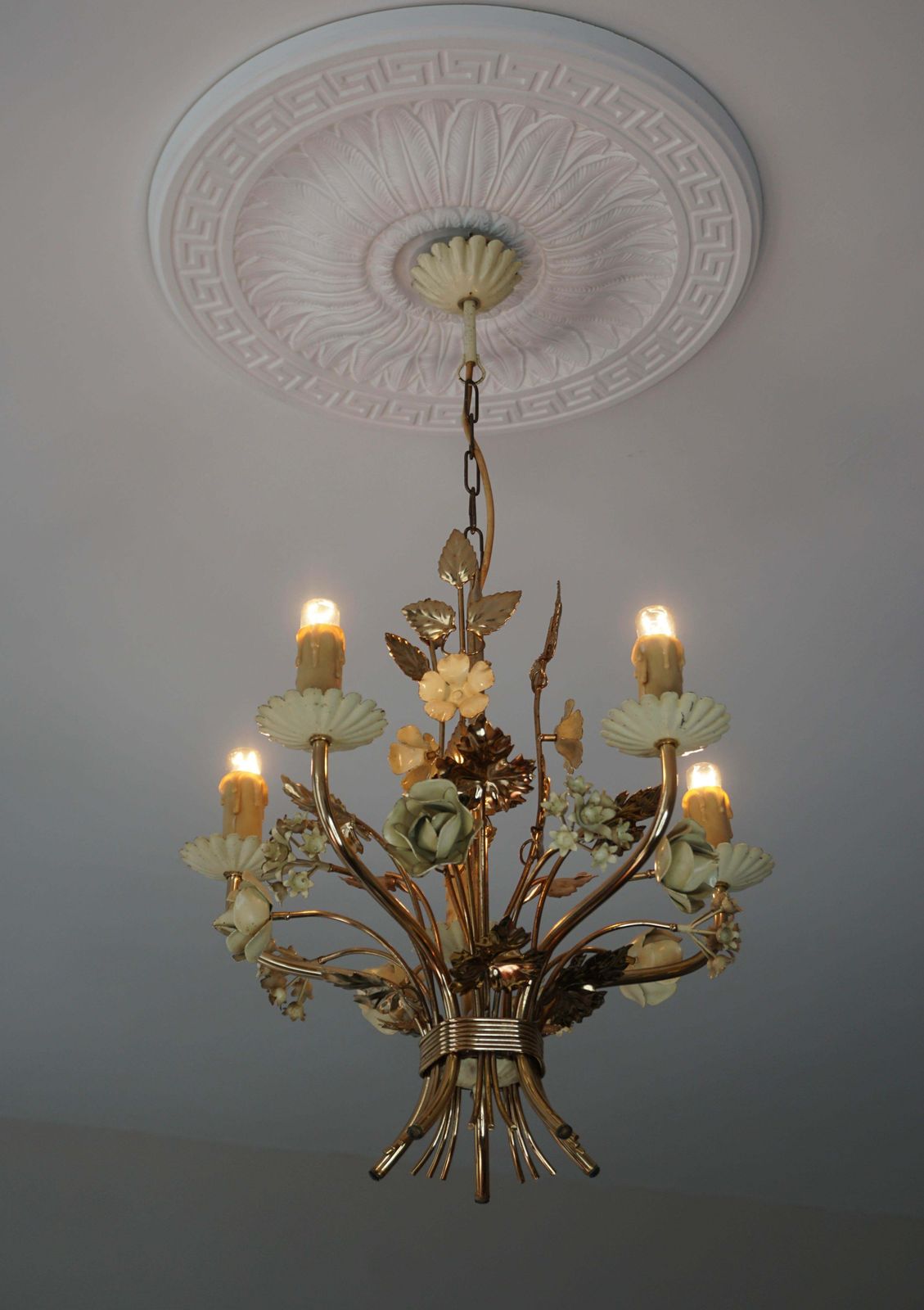 Two Lovely Gilt Brass Flower Leaves Chandelier, Italy, Circa 1950s photo vinterior