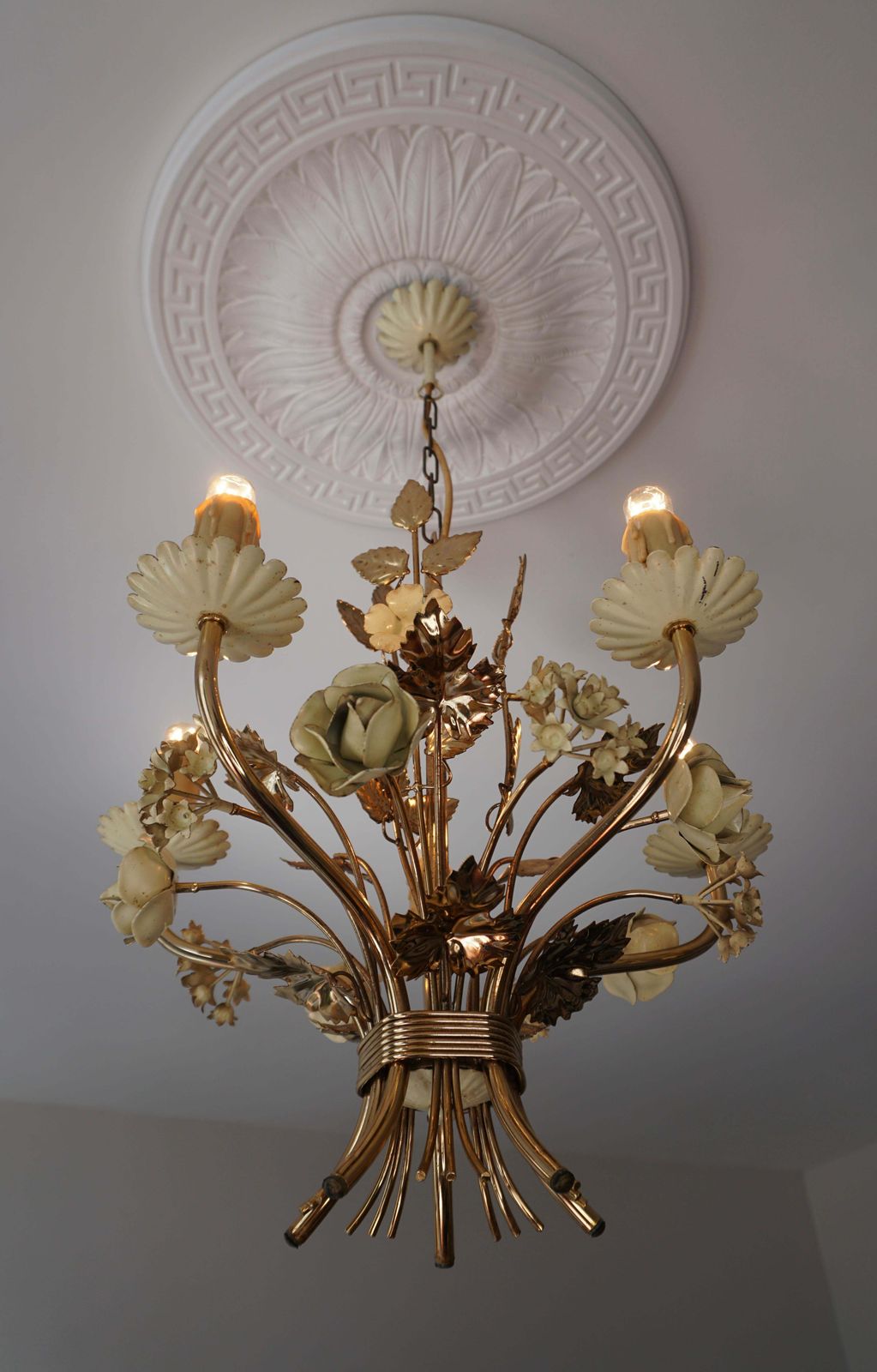 Two Lovely Gilt Brass Flower Leaves Chandelier, Italy, Circa 1950s photo buy