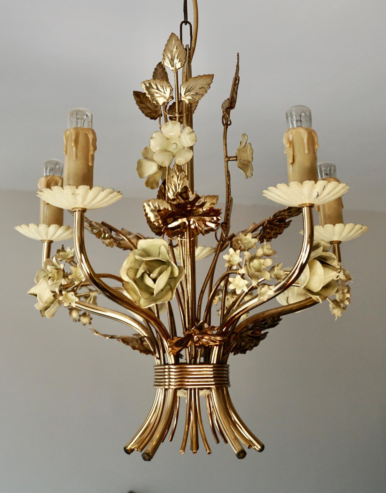 Two Lovely Gilt Brass Flower Leaves Chandelier, Italy, Circa 1950s photo vintage