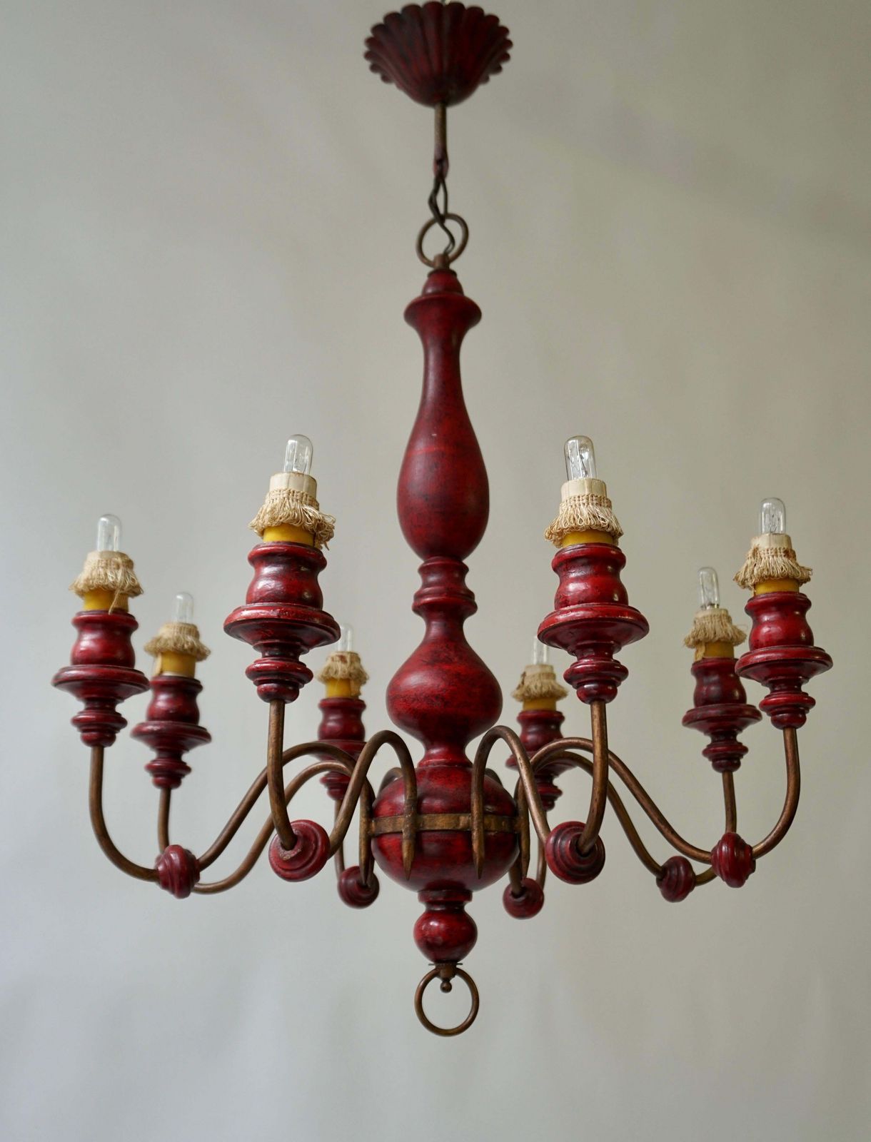 Eight Light Red Painted Wood And Iron Chandelier photo furniture