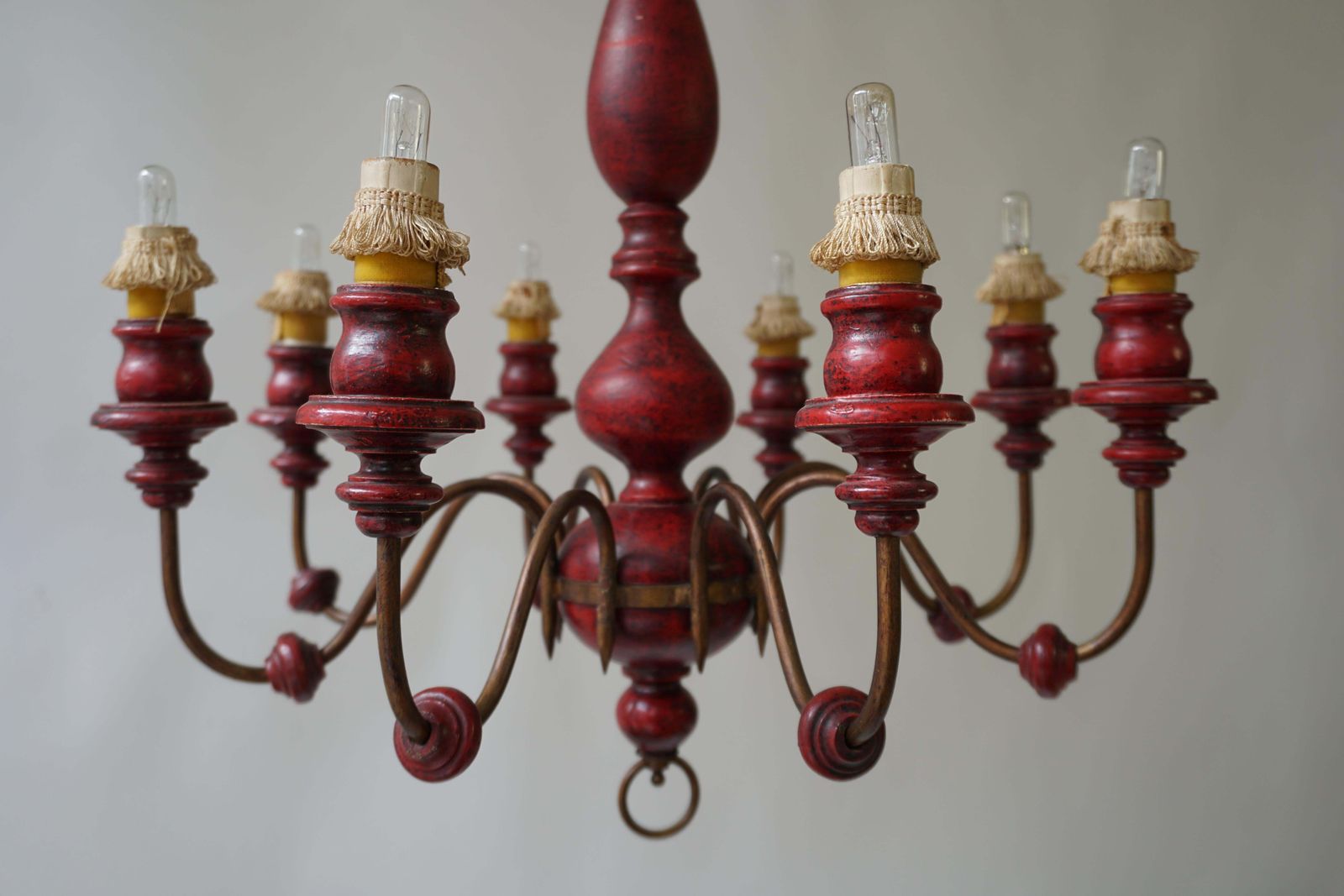 1444.0 Eight Light Red Painted Wood And Iron Chandelier photo