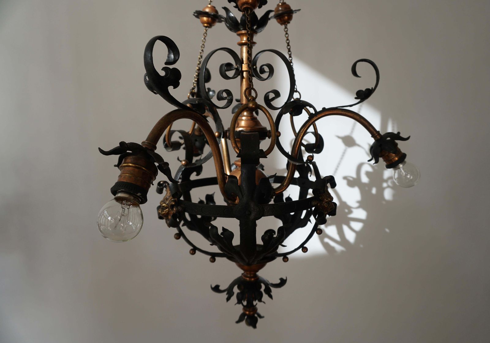 Arts & Crafts Wrought Iron And Copper Castle Chandelier With Bronze Lion Heads photo vinterior