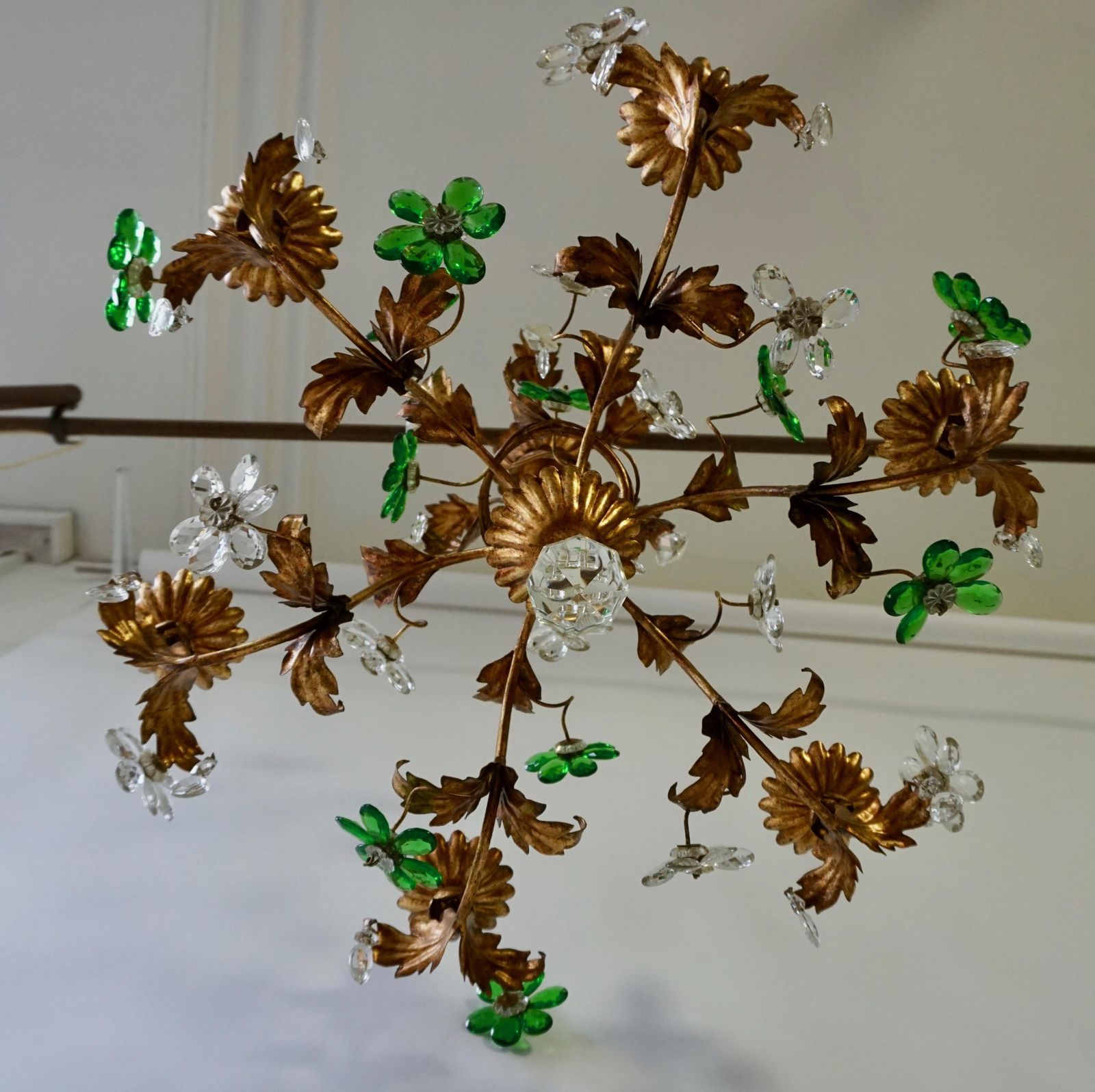 Italian Gilt Floral Design Chandelier With Green And Transparent Glass Flowers photo 1656.0