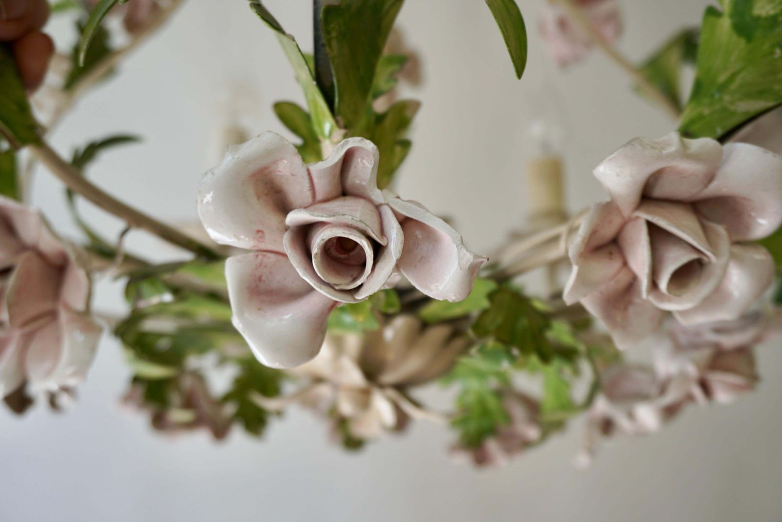Italian Porcelain Flower Roses Tole Chandelier photo vintage