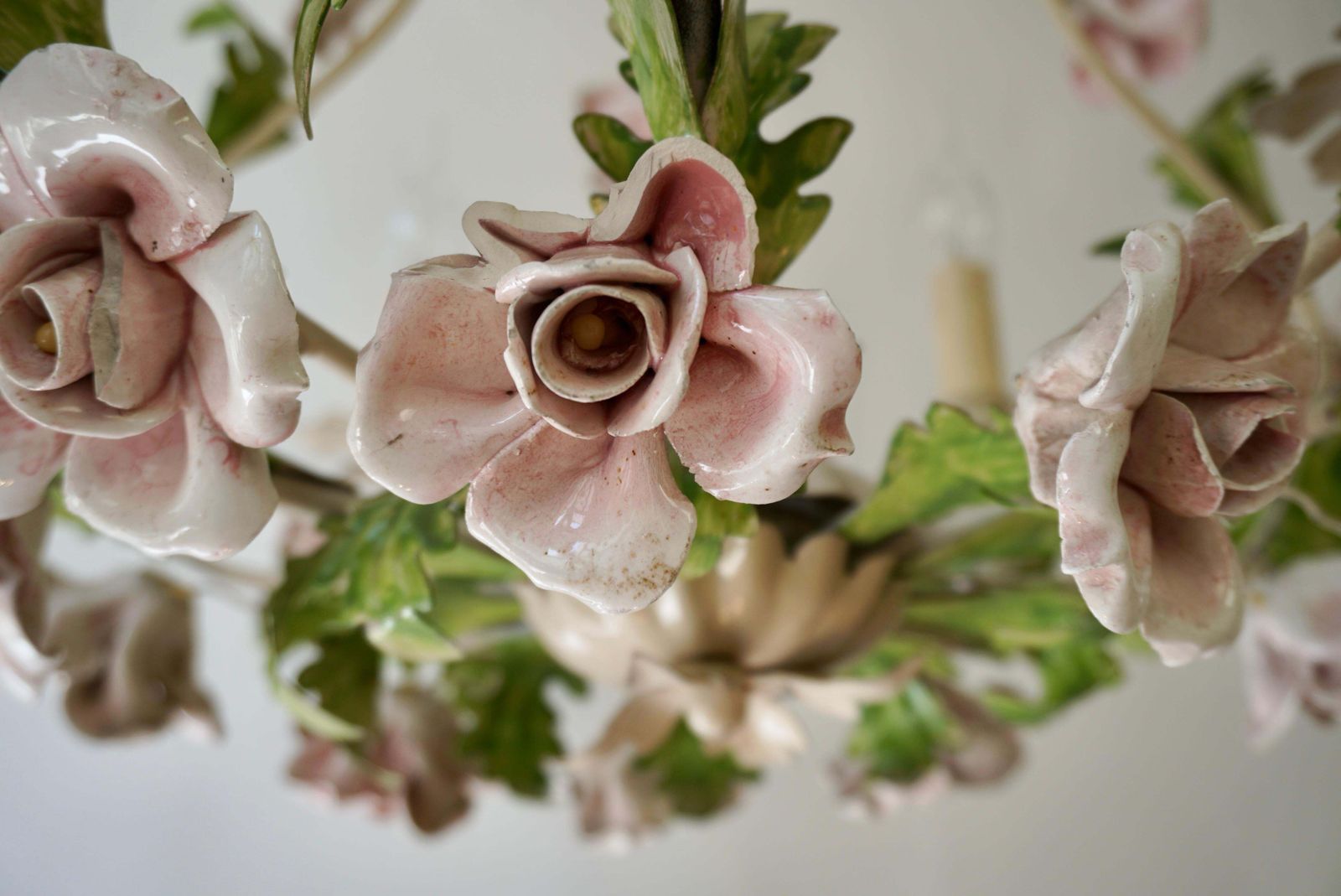 photo for sale Italian Porcelain Flower Roses Tole Chandelier