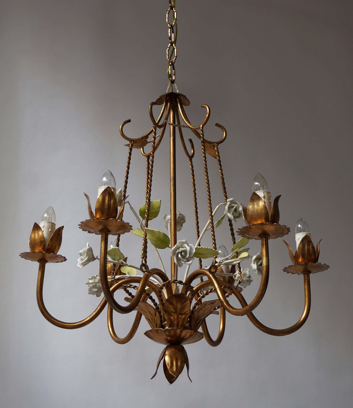 Italian Brass Chandelier With Porcelain Flowers photo vinterior