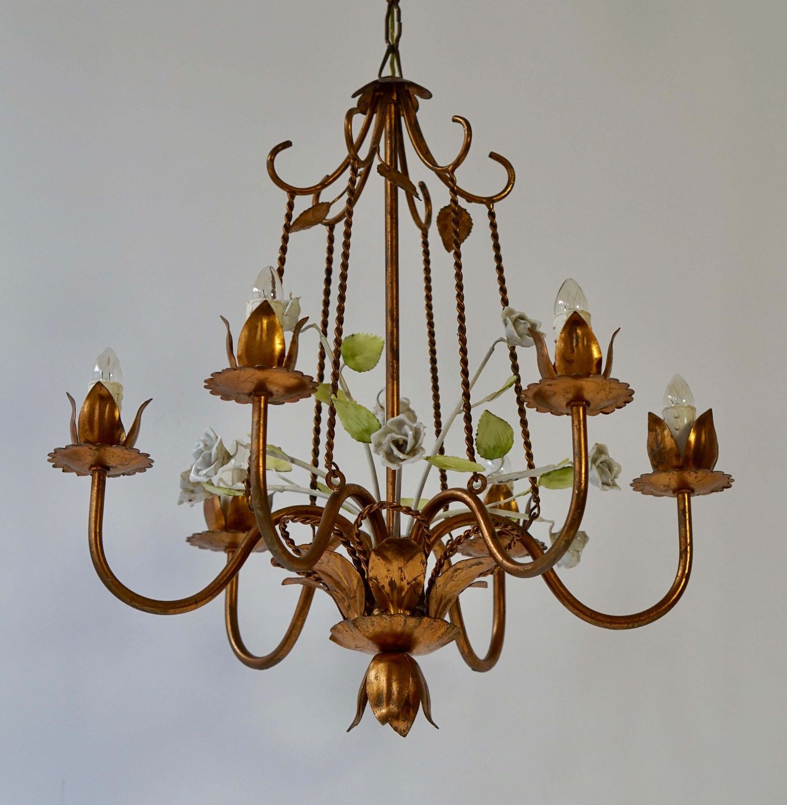 1656.0 Italian Brass Chandelier With Porcelain Flowers photo
