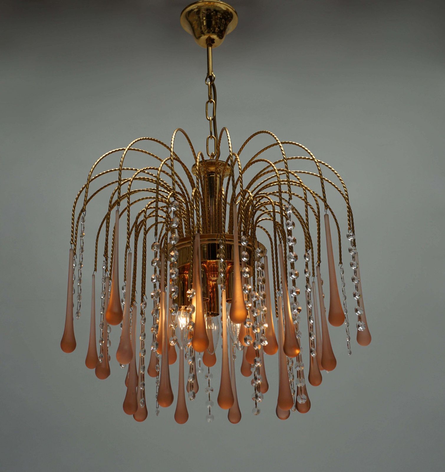 One Of Two Italian Brass And Murano Glass Teardrop Chandelier photo for sale