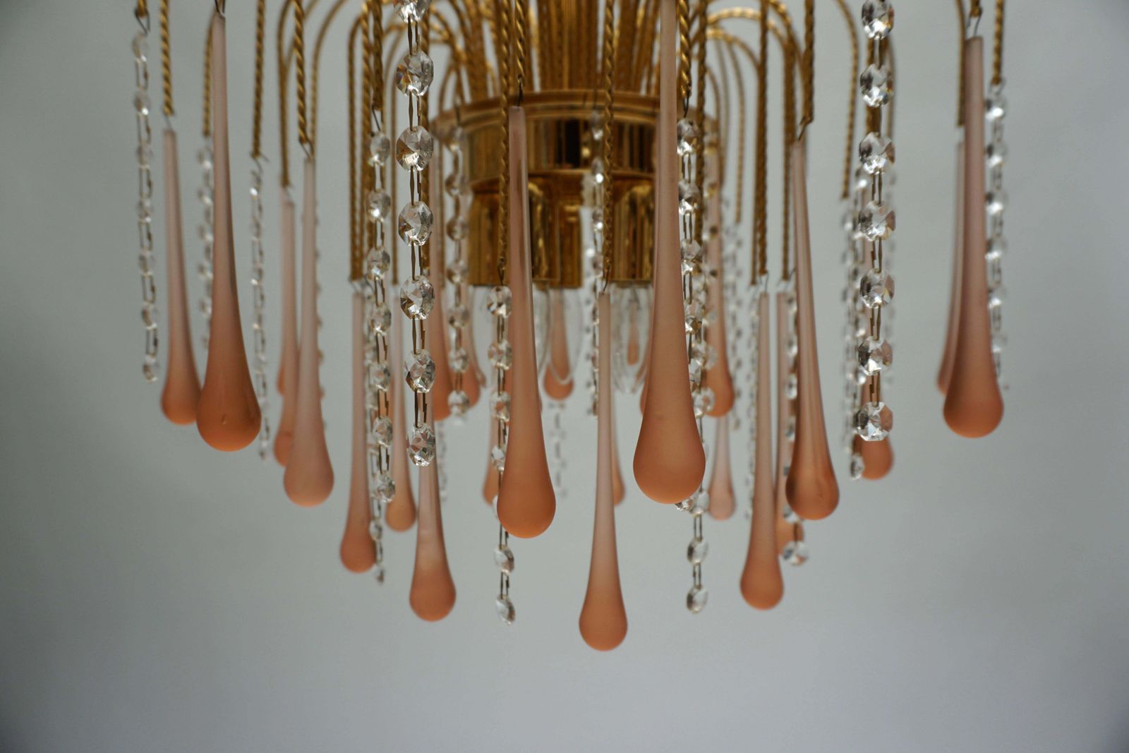 photo for sale One Of Two Italian Brass And Murano Glass Teardrop Chandelier