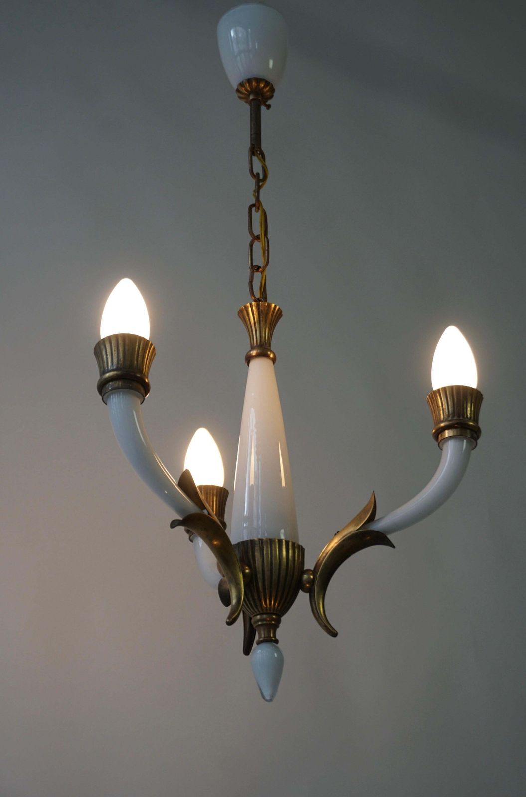 Italian Chandelier In Brass And White Murano Glass photo furniture