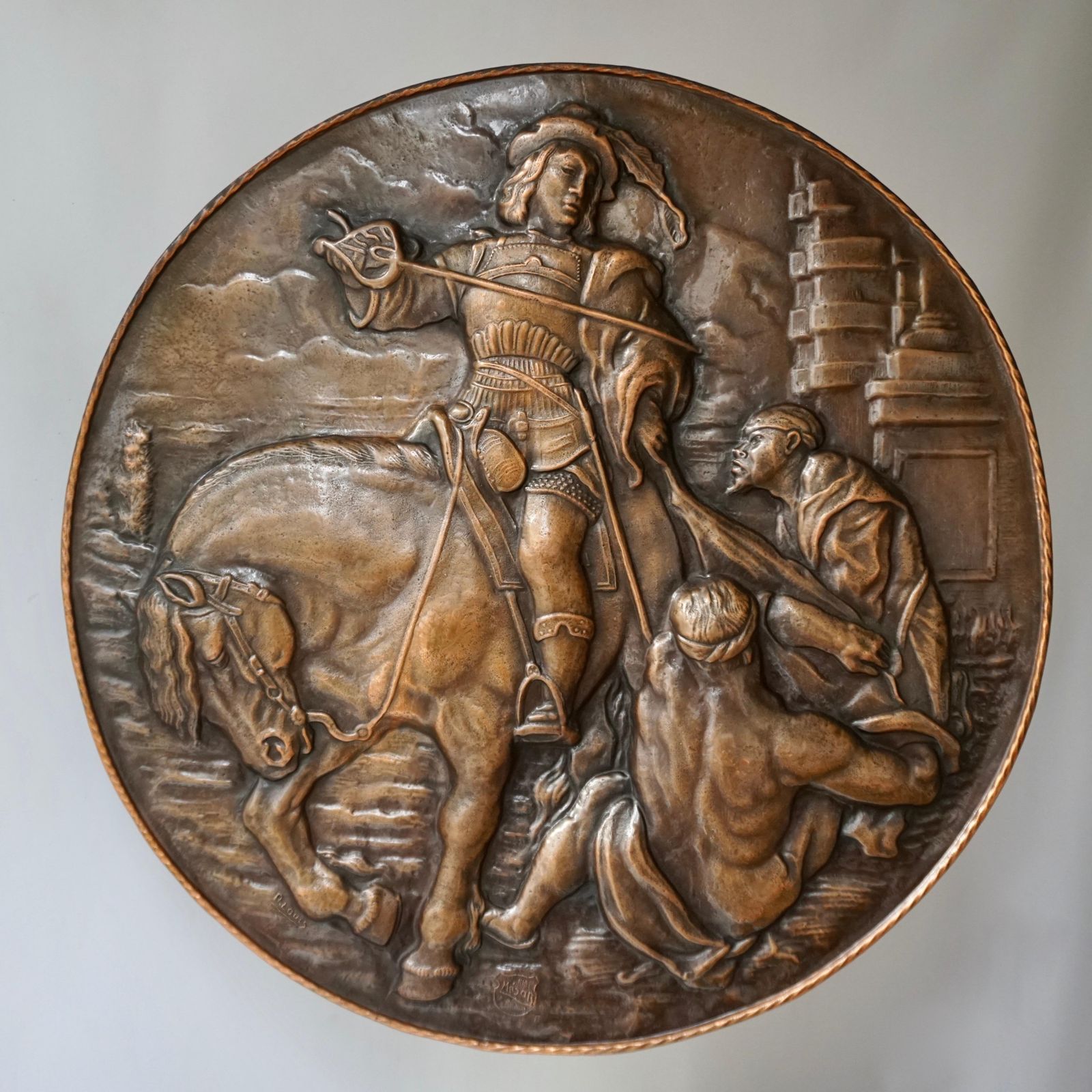 Very Large Copper Wall Plate Depiction Saint Martin On Horse In Relief photo vintage