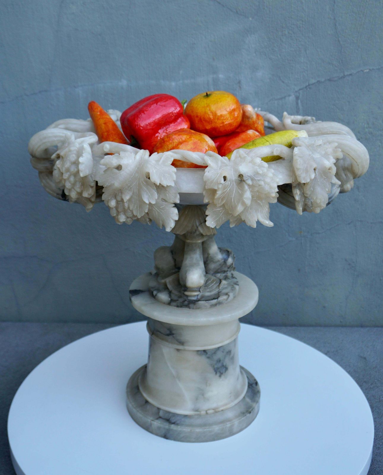 photo furniture 19th Century Italian Carved Alabaster Compote Centerpiece With Dolphins