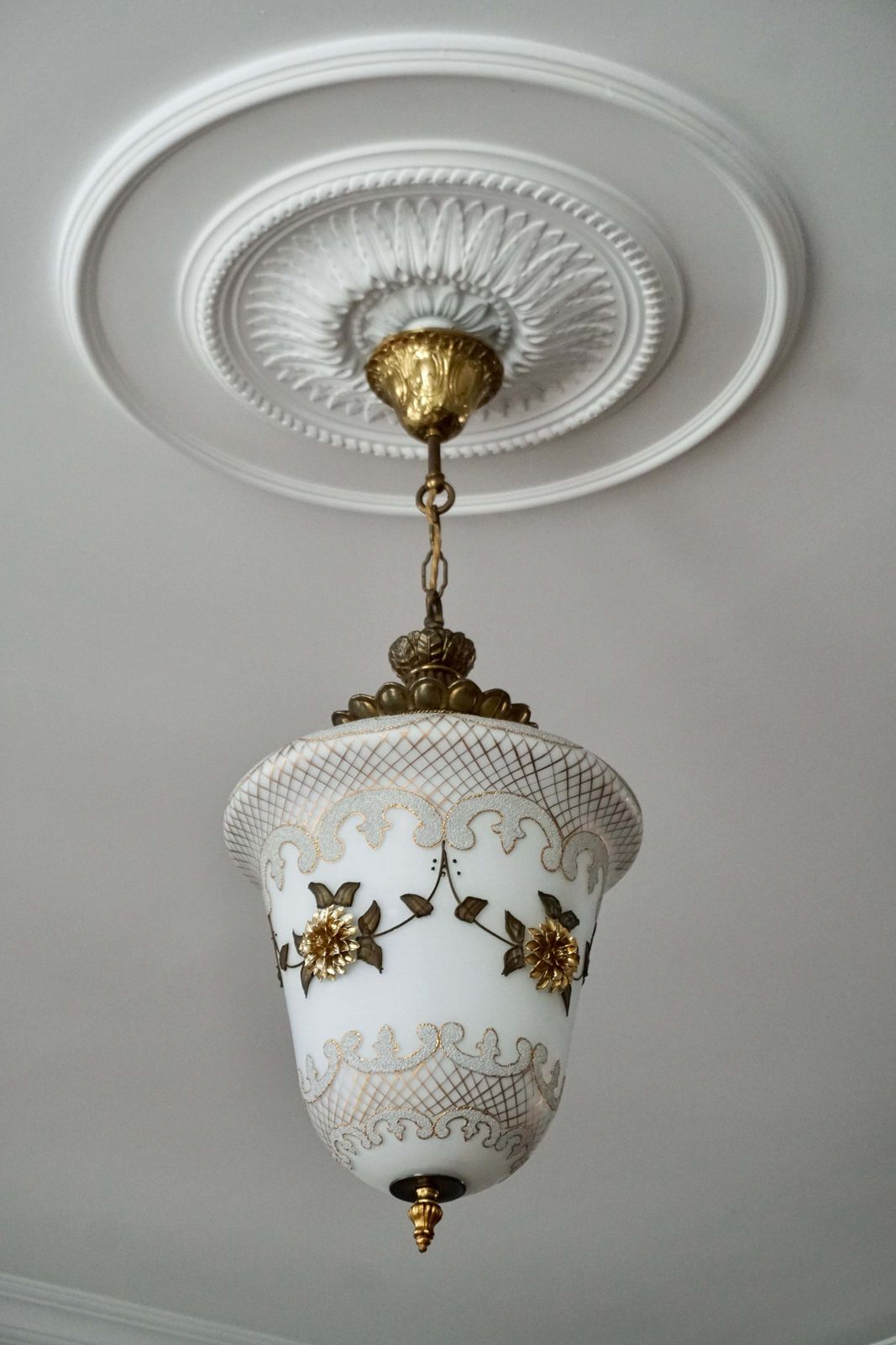 Floral Opaline Glass And Gilt Brass Pendat Light photo 1571.0