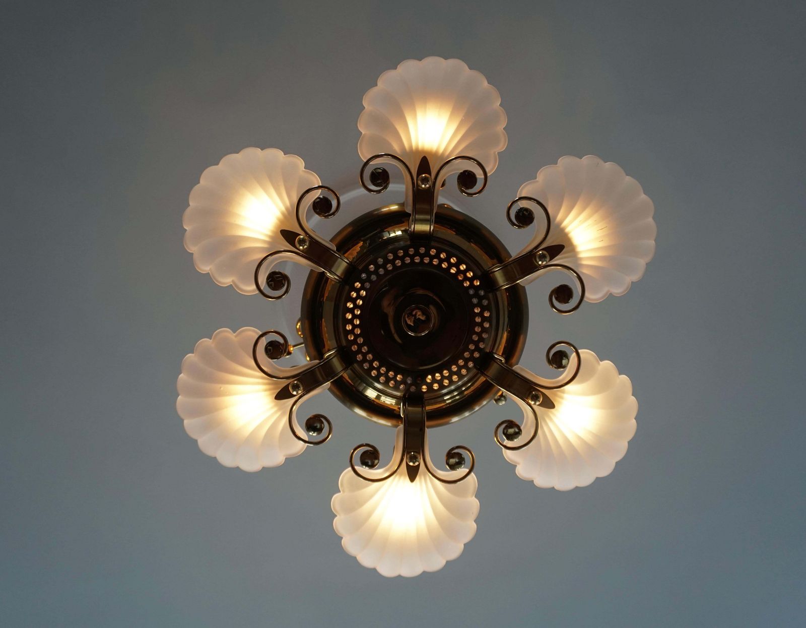 Italian Chandelier In Brass With Murano Glass Shells, 1970s photo for sale