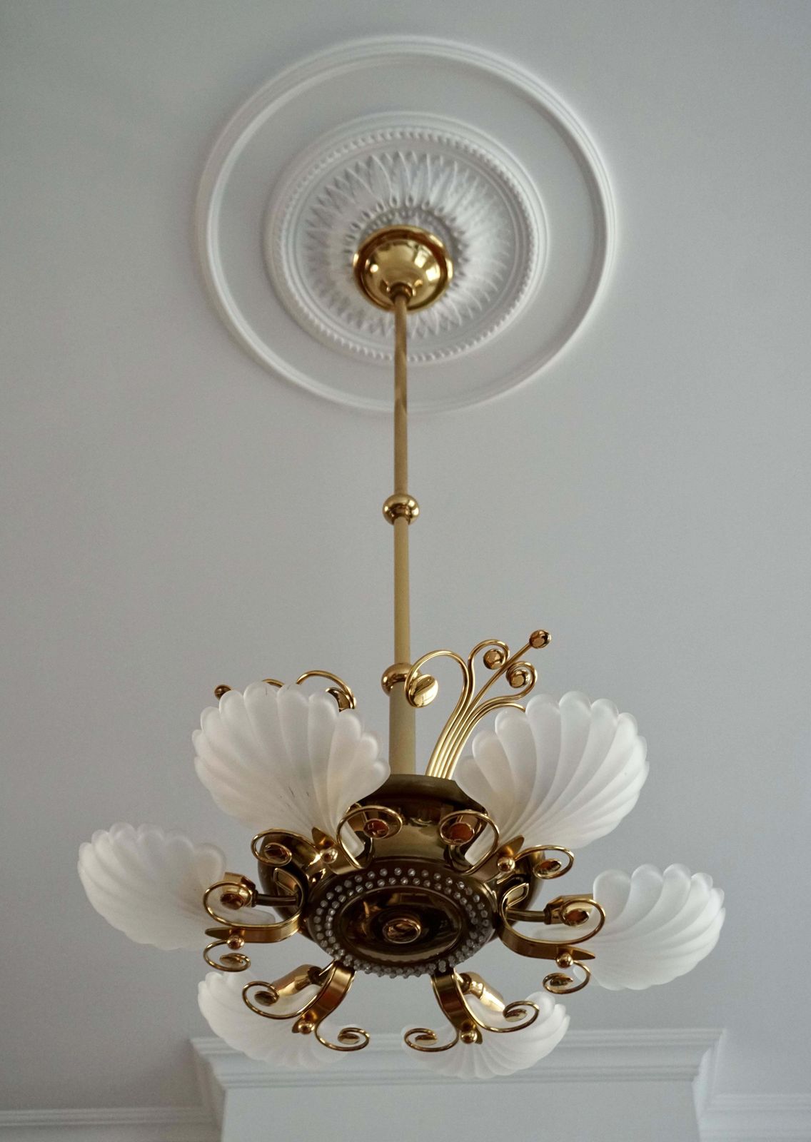 Italian Chandelier In Brass With Murano Glass Shells, 1970s photo buy