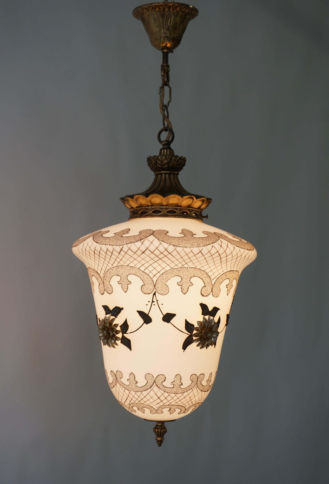 photo for sale Floral Opaline Glass And Gilt Brass Pendat Light
