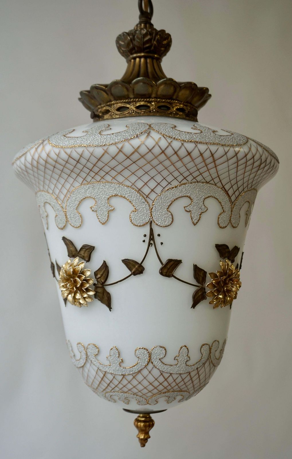 photo buy Floral Opaline Glass And Gilt Brass Pendat Light