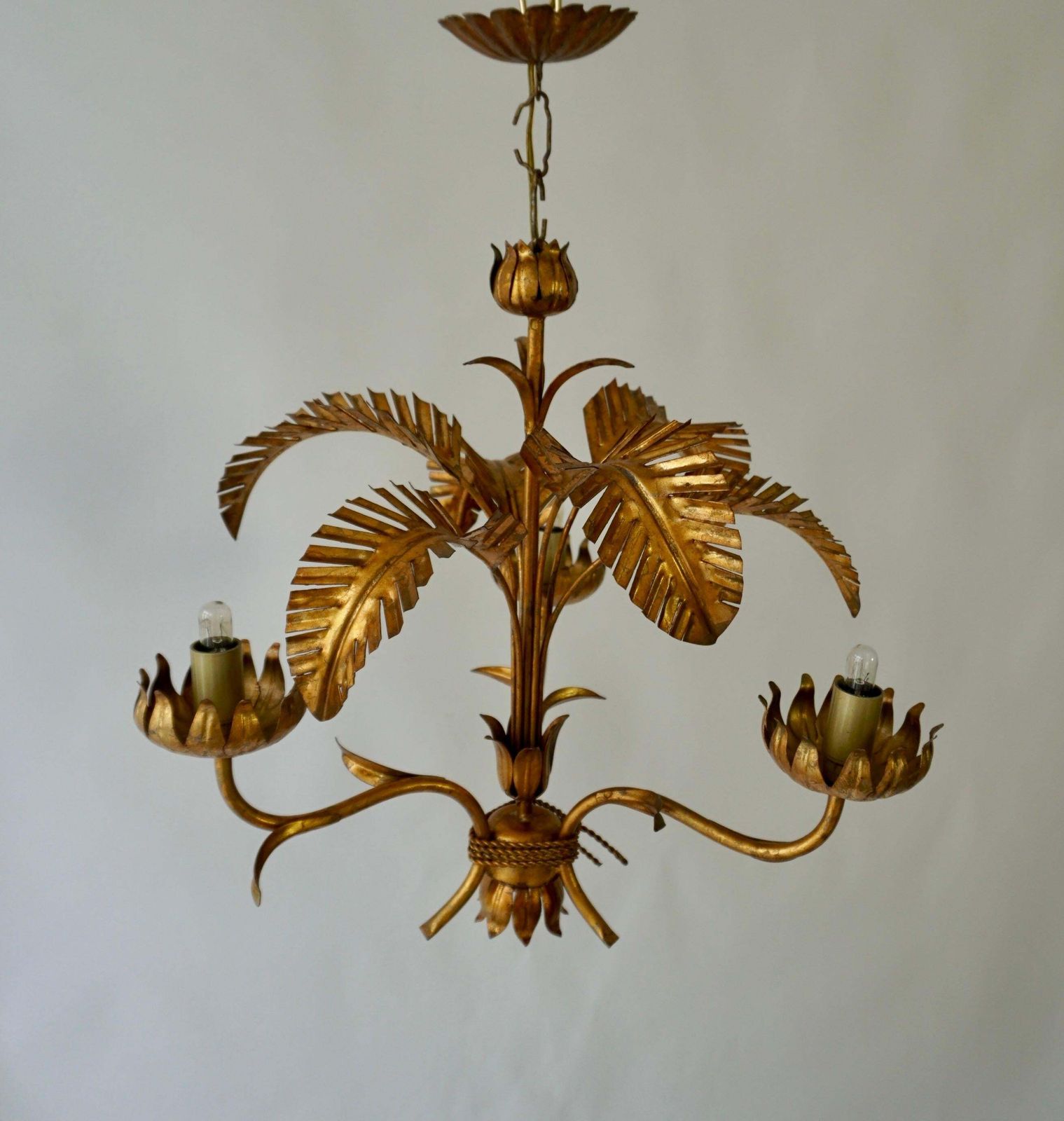 Mid Century Gilt Metal Palm Leaf Chandelier, 1970s photo vintage