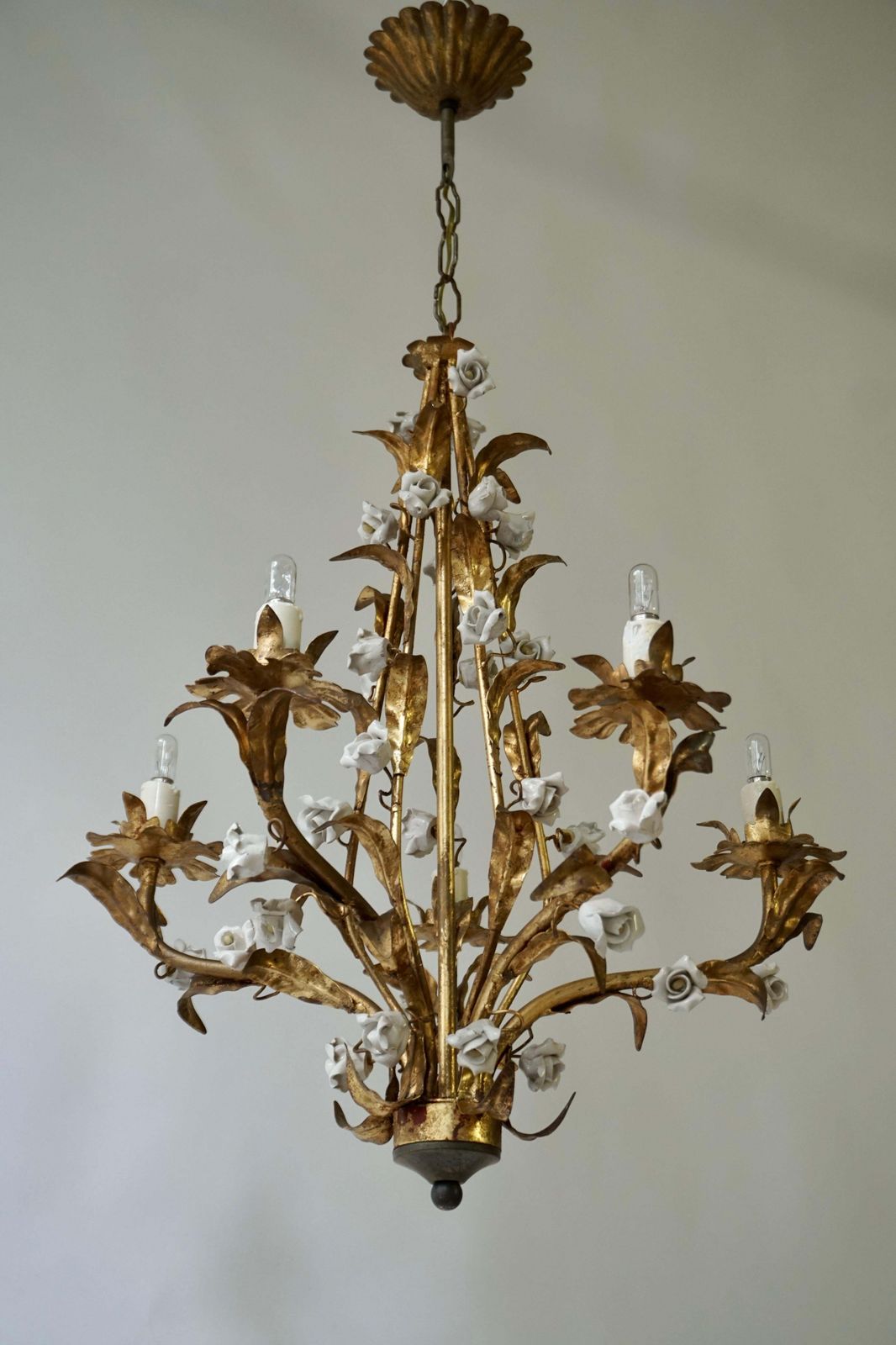 One Italian Brass And Ceramic White And Pink Roses Tole Chandelier photo for sale